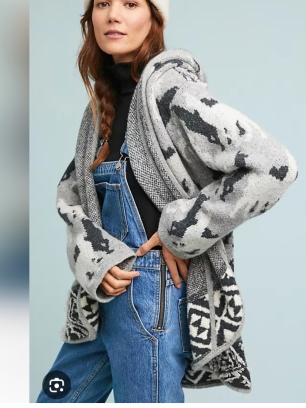 Anthropologie Akemi & Kin Llama Gray & Black Patterned Knit Open Front Cardigan